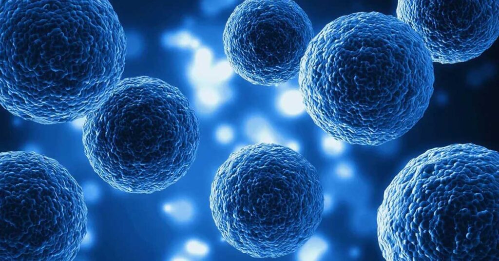 An image of exosomes with a blue background