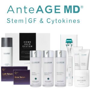 AnteAGE MD skincare products displayed, including serums, moisturizers, and a microneedle roller, alongside a Home Hair System kit and Lash and Brow Serums.