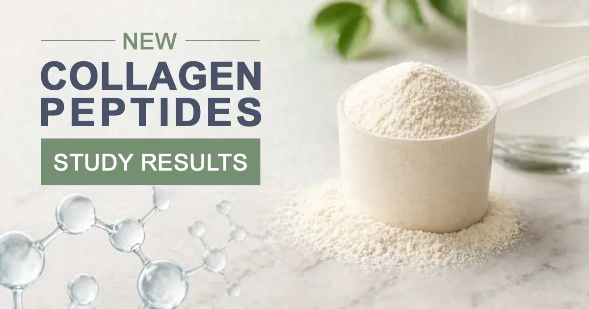 A scoop of collagen peptide poweder with the words "New Collagen Peptides Study Result" overlaid