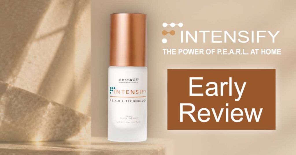 A vial of AnteAGE INTENSIFY on a shelf at Rejuvience Med Spa Scottsdale with the logo and words Early Review